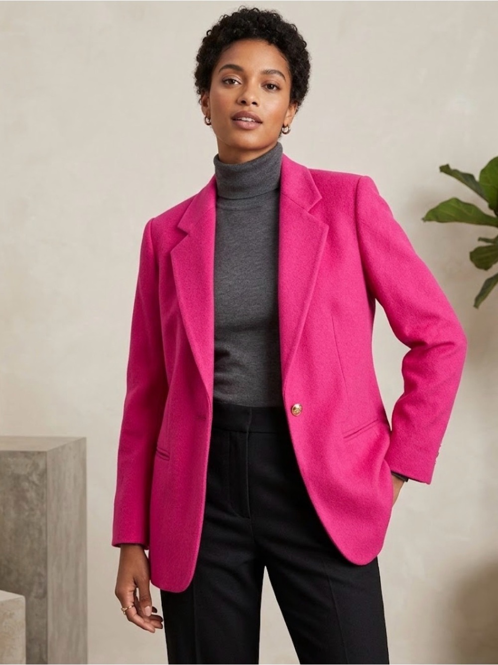 Bright Pink Women's Single-Button Hot Pink Vintage Wool Blazer